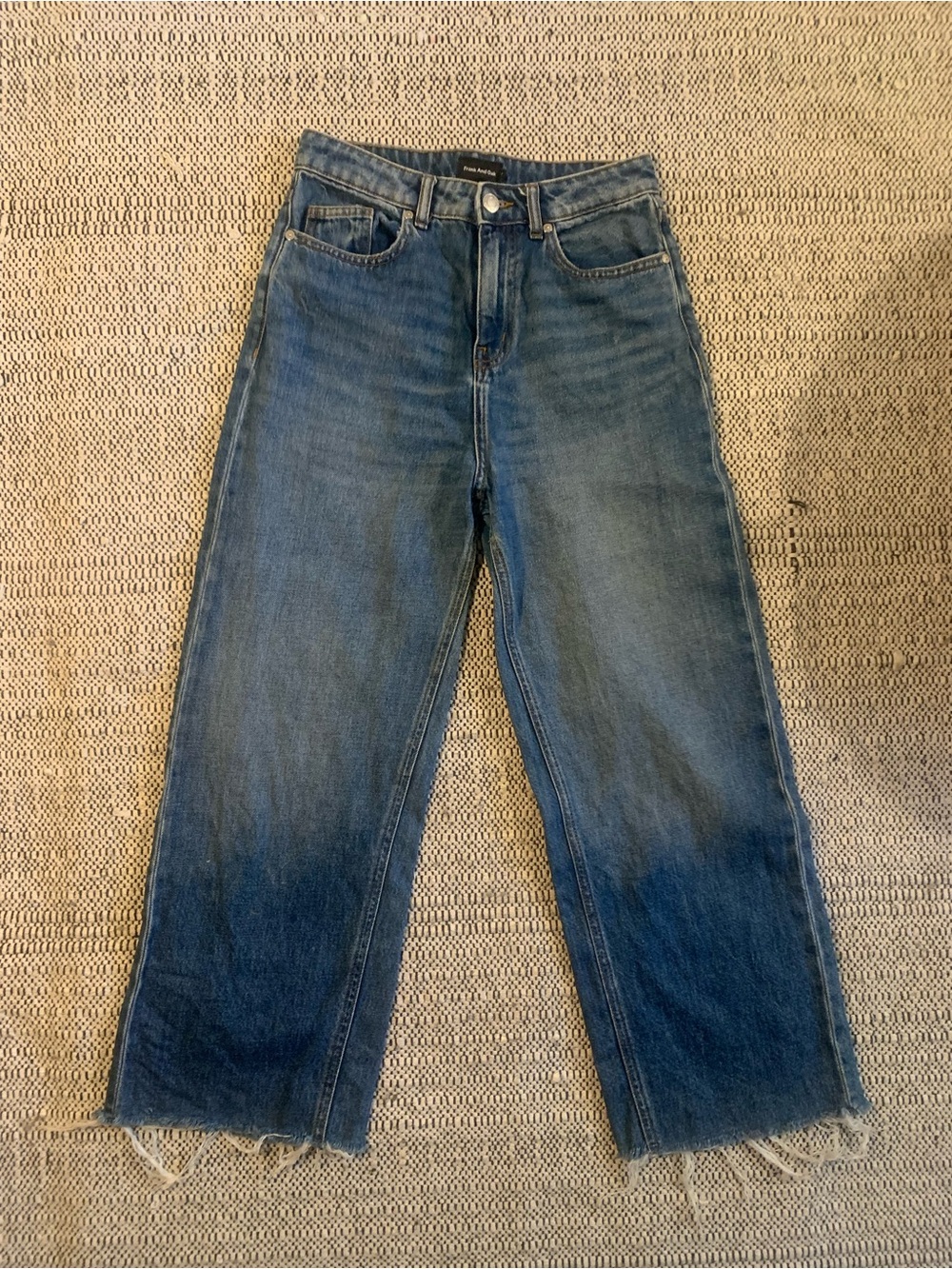 Frank And Oak Nina Wide Leg Mid-Blue Raw Hem Jean Size 27